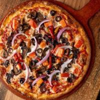 Veggie Pizza (760 Cal) · tomato sauce, mozzarella, olives, tomato, mushroom, peppers, onion