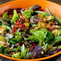Field Greens & Roasted Veggies Salad (570 Cal) · field greens, spinach, feta cheese, mushroom, onions, peppers, artichokes, sweet balsamic vi...