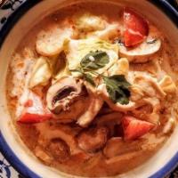 Tom Kha (Thai Coconut Soup) (Gf)-Large · (ต้มข่า) Coconut Milk Soup with Mushroom, Tomatoes and Cabbage<br /> (Please don't eat galan...