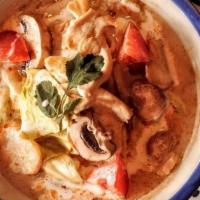 Tom Kha (Thai Coconut Soup) (Gf)-Small Small Size · Chicken, mushrooms, and green cabbage in coconut soup, flavored with fresh lime juice, lemon...