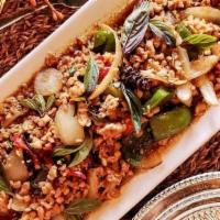 Thai Basil Stir Fried · Your choice of protein stir-fried with spicy thai chili sauce, onions, garlic, bell peppers,...