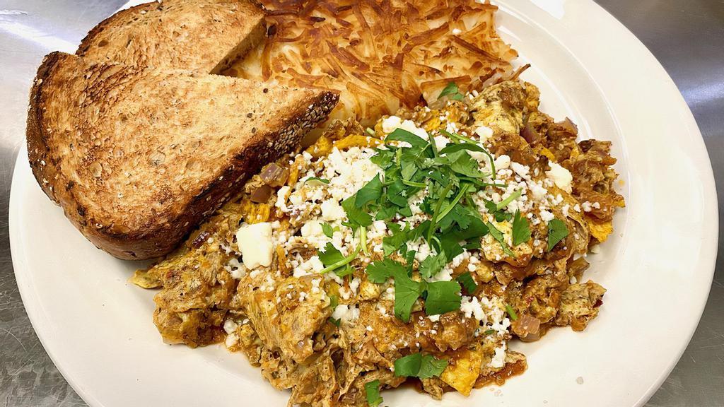 Cheech And Chong Scramble · Three eggs scrambled with house smoked tempeh chorizo, red onion, salsa, tortilla chips, queso fresco & cilantro. Served with hashbrowns and toast.