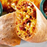 The Other One Wrap · Three eggs* scrambled with hashbrowns, bacon or veggie sausage, & cheddar cheese, salsa & so...