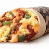 Spicy Chorizo Breakfast Burrito · A soft Flour Tortilla, filled with fluffy Scrambled Eggs, Chorizo Sausage, Fiery Jalapenos, ...