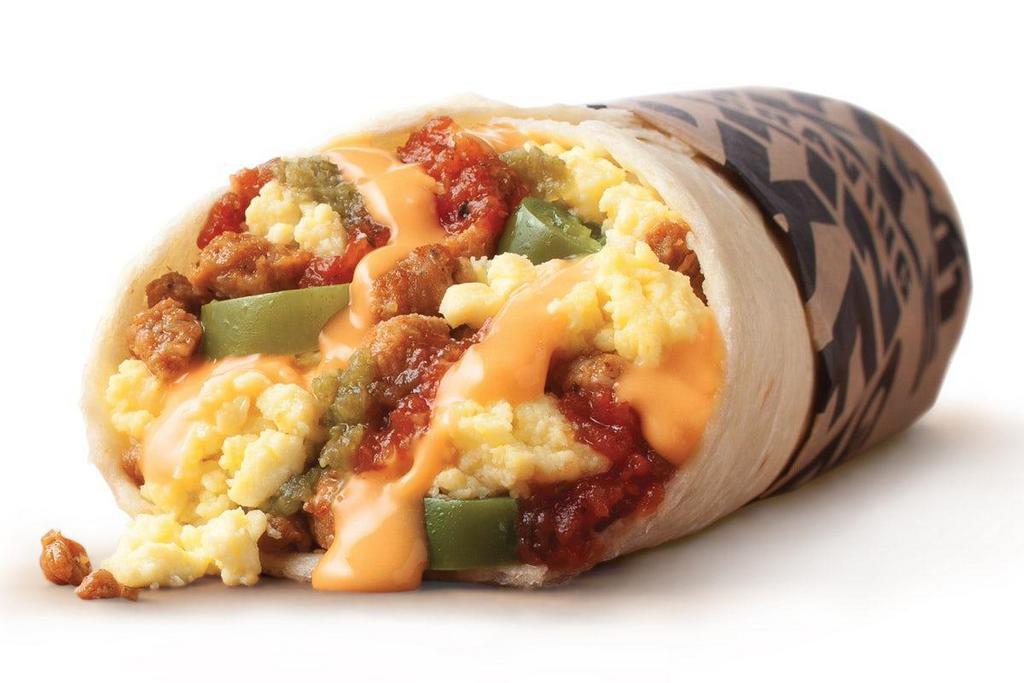 Spicy Chorizo Breakfast Burrito · A soft Flour Tortilla, filled with fluffy Scrambled Eggs, Chorizo Sausage, Fiery Jalapenos, and Superhot Sauce and House Salsa.