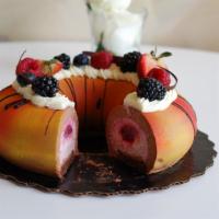 Raspberry Chocolate Slice · Contains: dairy, eggs, whole wheat (gluten). Raspberry jam layer with fresh berries and rasp...