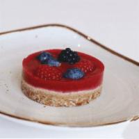 Almond Butter& Raspberry Tart · Vegan, gluten free. 
Contains: almonds, cashew, coconut.