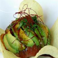 Spicy Tuna Tartar · Spicy. Tuna wrapped in avocados served with eel sauce and crisps. Spicy.