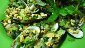 Grilled Mussels (6) · New Zealand green mussels topped with Japanese mayo, Russian Masago, green onion and peanut ...