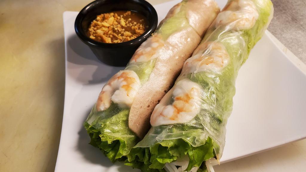 Shrimp Spring Rolls (2 Pcs) - House-Made · Delicious and healthy house-made Spring Roll.  Wrapped with Steamed Shrimp, Rice Noodle, Lettuce, Bean Sprout, Basil.  Perfect size for light lunch or appetizer.