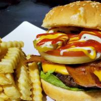 Bacon Cheese Burger · One Third Pound(1/3) Char-Broiled Fresh Angus Beef and Bacon with Lettuce, Tomato, Onion, Pi...