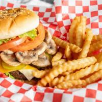 Grilled Mushroom Burger · One Third Pound(1/3) Char-Broiled Fresh Angus Beef with Lettuce, Tomato, Pickles, American &...