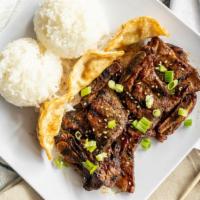 Bbq Kalbi Plate · Marinated with House Sauce, short rib and rice with potstickers.
