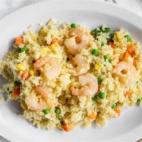 Shrimp Fried Rice · Grilled Shrimp, Corn, Carrot, Green Pea, Egg mixed with steamed rice.  Soy Sauce, Salt, Blac...