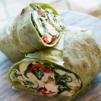 Wellness Wrap · Healthy, Vegetarian. Scrambled egg whites, sautéed spinach, red bell peppers, and feta in a ...