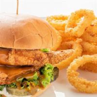 Crispy Chicken Sandwich · Fried chicken strips, lettuce, deli pickles, mayonnaise, and Carolina Gold BBQ sauce on a gr...
