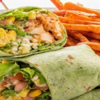 Buffalo Chicken Wrap · Spicy. Crispy Buffalo chicken strips, lettuce, tomatoes, Jack cheese, corn, and ranch dressi...