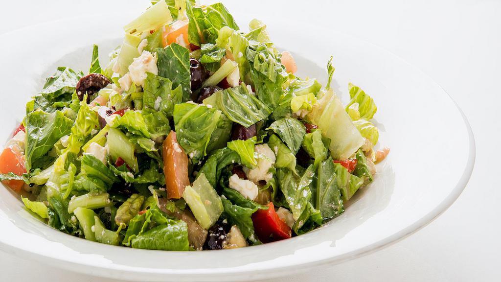 Individual Greek Salad · Romaine with lettuce, tomatoes, red onions, red & green bell peppers, feta, Kalamata olives, and balsamic vinaigrette.