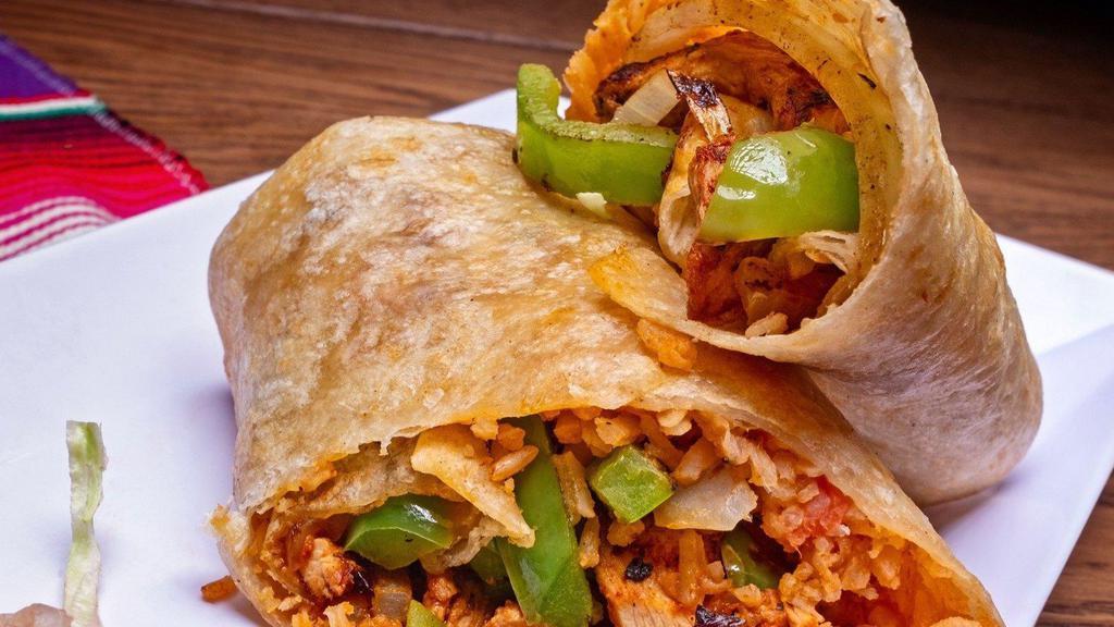 Chicken Fajita Burrito · Grilled Marinated Chicken .green bell peppers, onions, rice and cheese.