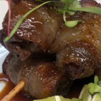 Bacon-Wrapped Dates (Gf) · Tenderbelly bacon, organic medjool dates, pomegranate molasses, lime