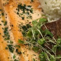 Rocky Mountain Trout · Pan-seared Idaho trout, lemon-pepper aioli, jasmine rice, smoked pink oyster mushrooms, gril...