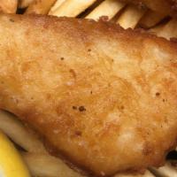 Fish N' Chips · Alaskan battered cod, chipotle tartar, wedge of lemon and a pile of fries