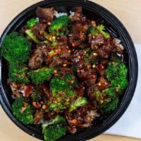 Spicy Steak & Broccoli Rice Bowl · Wok-stirred steak and broccoli, white or brown rice and Samurai Sam's signature spicy teriya...