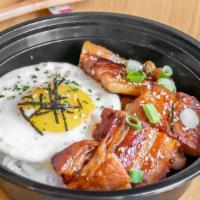 Marinated Pork Belly (Thick Cut) Bowl · Thick cut pork belly + white rice + egg + cucumber salad