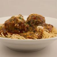Spaghetti & Meatballs · Tossed in George's meat sauce and topped with our
homemade meatballs and smothered in parmes...