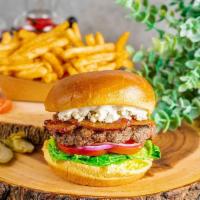 Bacon Blue Burger · Bacon, blue cheese crumbles, lettuce, tomato, onion, and ranch.  Burgers are certified Angus...