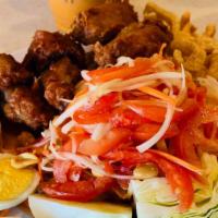 Papaya Platter · Papaya salad, four chicken wings, pork rinds, vermacilli noodles, nam (vietnamese ham), cabb...
