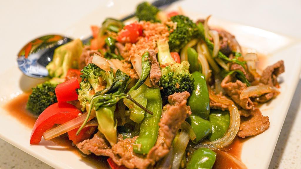 Pad Ga Prow · Dairy Free.Bell peppers, broccoli, onion and basil. Includes a side of white rice.