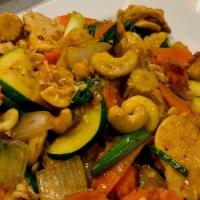 Pad Him Ma Parn · Dairy Free.
Contains Tree Nuts.Zucchini, baby corn, onion, carrots and cashews. Includes a s...
