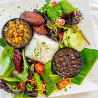 Vegan Bowl · Gluten free. Served with rice, seasoned black beans, sweet plantains, picadillo stew( chayot...