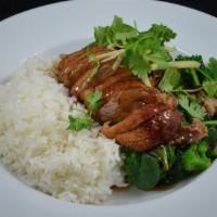 Khao Na Ped · All time Thai favorite dish honey roasted duck on the bed of jasmine rice, steamed broccoli ...