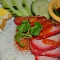 Khao Moo Dang · The most famous Thai-Chinese BBQ pork on the bed of steam vegetables and jasmine rice topped...