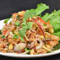 Nam Kao Tod*  แหนมข้าวทอด · (Crispy Rice & Pork Salad)
Crispy curry rice tossed with pork sausage, lime sauce, ginger, r...