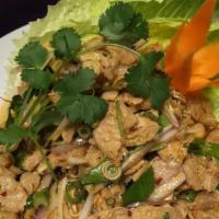 Larb Duck:* · Grilled duck mixed with shallot, green onion, lemongrass, cilantro, and mint, tossed with a
...