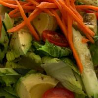 Basil Green Salad · Chopped spinach, white mushroom, crispy bacon, shredded coconut, hardboiled egg, and a touch...