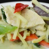 Green Curry · Choice of meat, oriental eggplants, bamboo shoots, bell peppers, coconut milk, and basil lea...