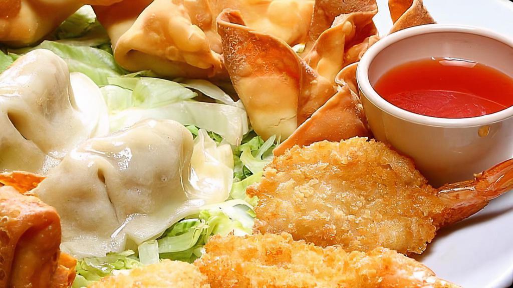 Red Corner Platter · Most popular. Assortment of appetizers: fried shrimp, pot stickers, sesame balls, spring rolls, egg roll and cream cheese rangoons.