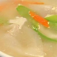 Wonton Soup · Pork filled dumplings and fresh vegetables in a chicken stock broth.