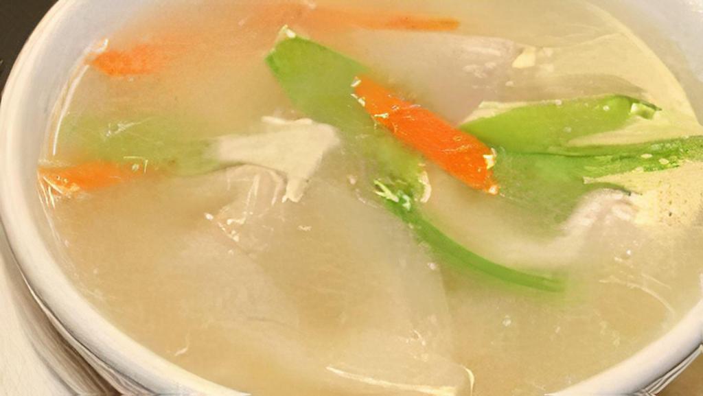 Wonton Soup · Pork filled dumplings and fresh vegetables in a chicken stock broth.