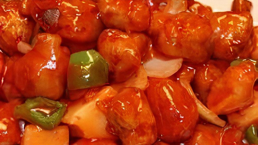 Sweet & Sour Chicken · Most popular. Lighted coated chicken breast covered with pineapple, bell peppers, onions in a tangy sweet & sour sauce. Served with steamed rice.