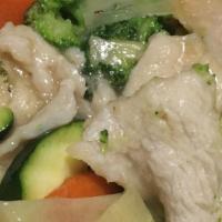 Moo Goo Gai Pan · Sliced tender chicken breast sautéed with mushrooms, broccoli, snow peas, carrots, zucchini,...