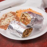 Arizona Burrito · pollo asada. Chili campana, tomato cebolla and queso y papas.