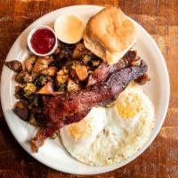 Bacon & Eggs · Breakfast potatoes, okra, biscuit.