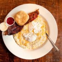 Grit Bowl · Cheesy grits, poached eggs, bacon, biscuit.