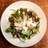 Green Salad · Wild greens, spinach, feta, parmesan, currants, croutons, bacon vin or oink-less vin