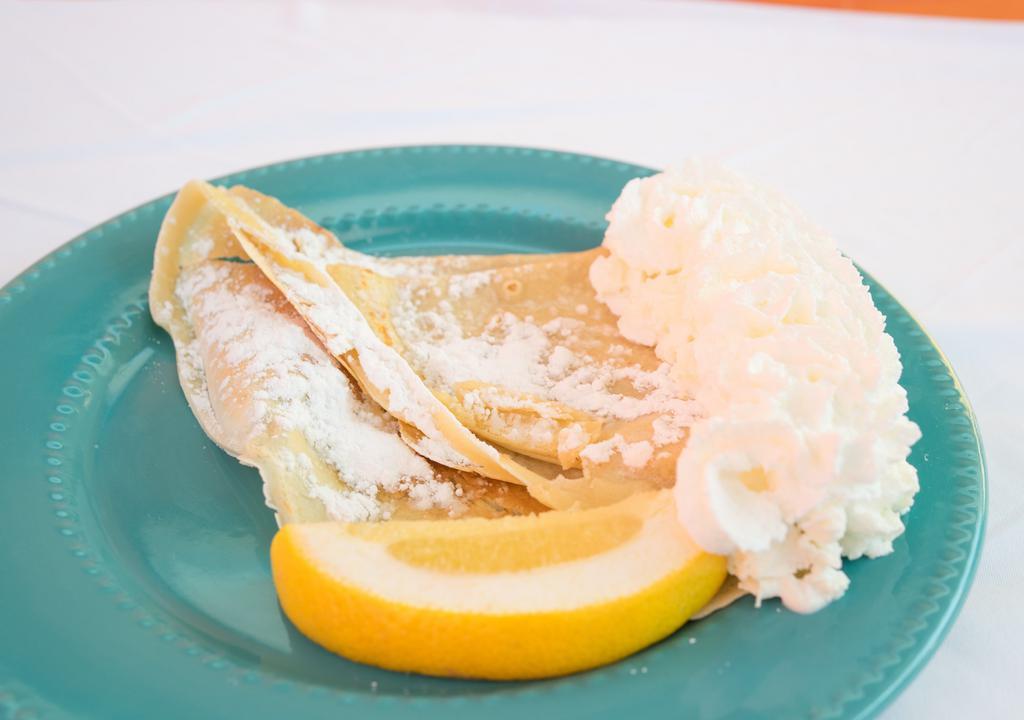 Classic Sweet Crepe · Vegetarian. butter, lemon, powdered sugar & whipped cream!
